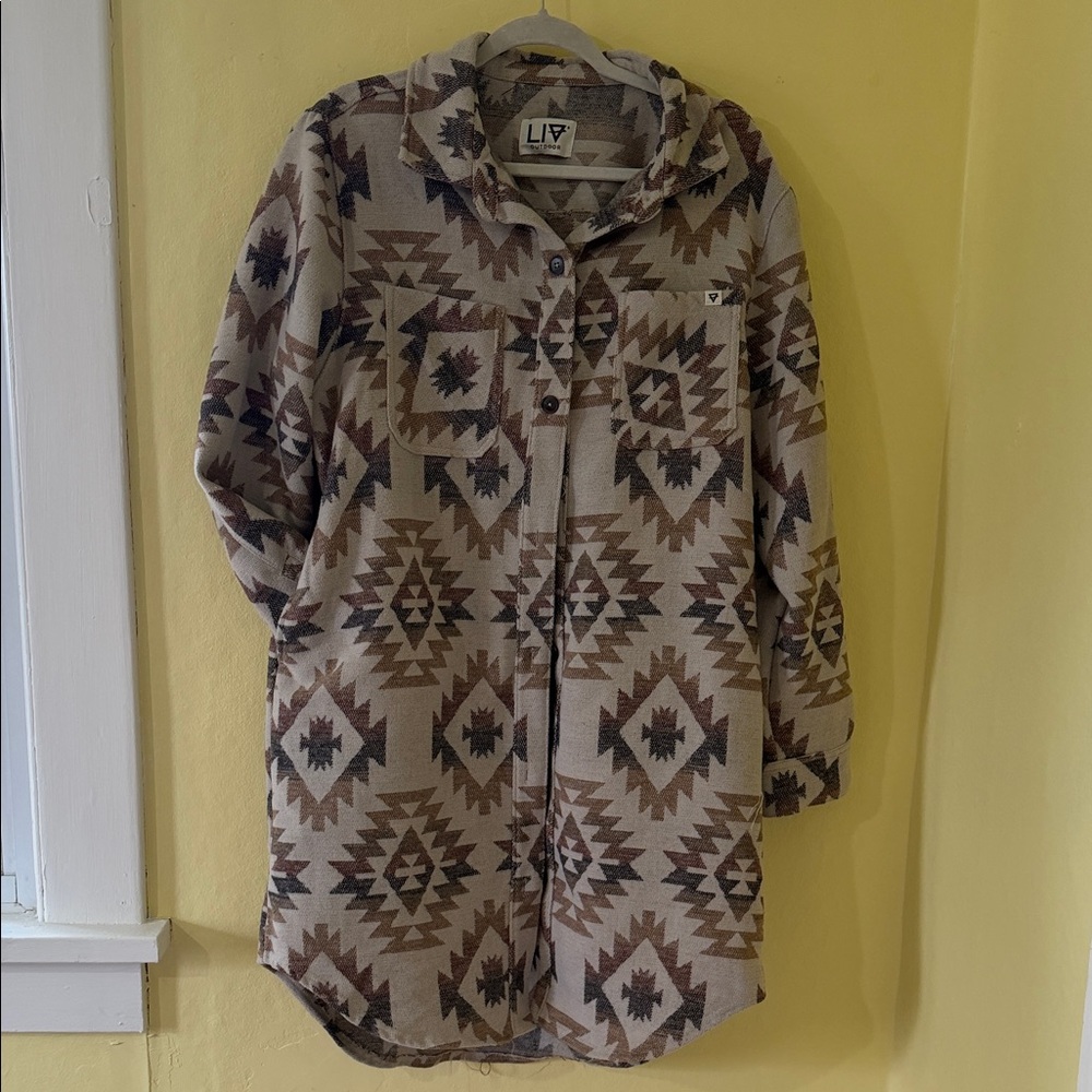 Aztec-Print Beige Button-Up Jacket
